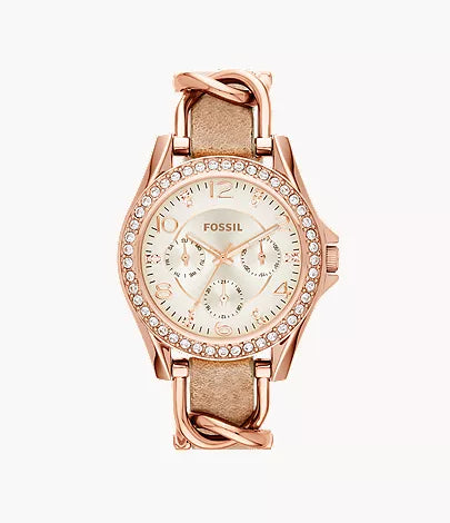 Riley 38mm Multifunction Rose Gold-Tone and Sand Leather Watch