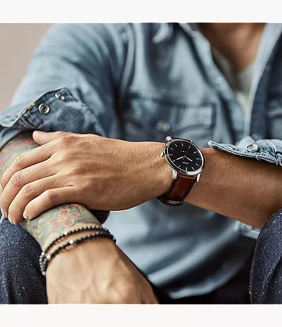 Minimalist 44mm Three-Hand Light Brown Leather Watch
