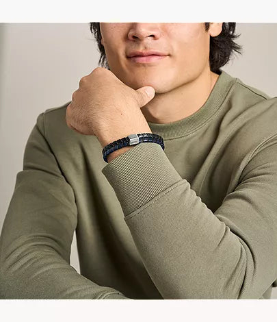 Woven Blue and Black Leather Bracelet